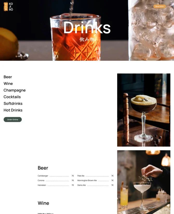 Trang đồ uống website nhà hàng ẩm thực